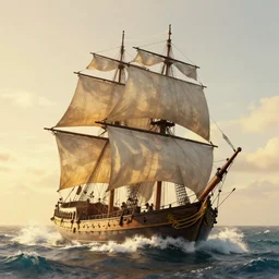 pirate sloop, heavy winds, huge waves, winds, golden hour by artstation, deviantart, artfol, artbox, cgsociety, gfxartist, artful, zatista, artpal, instagram, blendernation, frank stella, ivan aivazovsky, beeple, giger, kopera, zawadzki 4 k