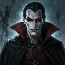 a male elder vampire, pale, cloaked, scarred, wet, raining, close up, rim lighting, portrait, sinister atmospheric lighting. highly detailed painting by greg rutkowski, anime style