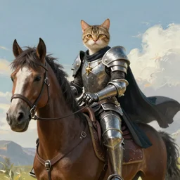 An epic fantasy comic book style painting of cat knight sitting on a horse, unreal 5, DAZ, hyperrealistic, octane render, cosplay, RPG portrait, dynamic lighting