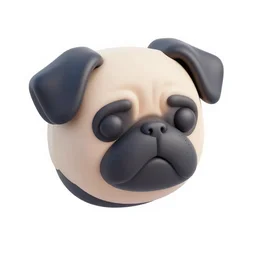Matte 3d icon of a pug head, isometric perspective on white background, 3D render, lat lighting