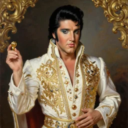 the royal king elvis by greg hildebrant lisa frank fancy rococo baroque regal oil painting high quality award winning clothed in fancy garb