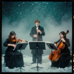 orchestra, kodak portra 4 0 0, wetplate, muted colours, teal orange, 1 9 1 0 s style, motion blur, portrait photo of a backdrop, sparkling, stargazer, snow, fog, by georges melies and by britt marling