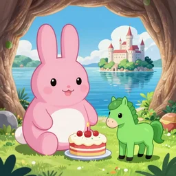 big pink bunny, green horse, baking a cake in a cave, bright colors, a lake in the background and an island with a castle on it, anime art, high resolution 4 k, by makoto shinkai