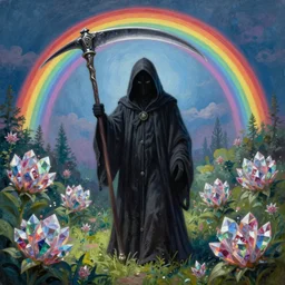A beautiful painting of the grim reaper holding a giant scythe, under a huge rainbow over a garden with fractal crystal flowers, by Dan Mumford, and Johfra Bosschart. Featured on artstation. Highly detailed, symmetry, atmosphere