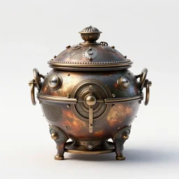 steampunk kimchi pot, stylized 3d render, isolated on a pure white background, centered, entire object in frame, sharp focus, soft studio lighting