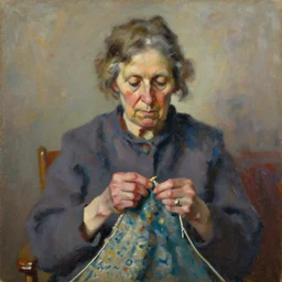 Oil painting Portrait of a old Woman knitting by Lucian Freud, Abstract brush strokes, Masterpiece