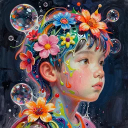 illustration of a colorful melting human head of asian boy. acrylic bubbles and flowers, ferrofluids, water distortions. intricate abstract. intricate artwork. colortheme by beeple