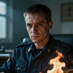 an ultra realistic, cinematic headshot portrait of an evil prison guard, sat in an office, fire, dramatic, soft light, dreamy, facial features, detailed, deep focus, movie still, dramatic lighting, ray tracing, by michal karcz and yoshitaka