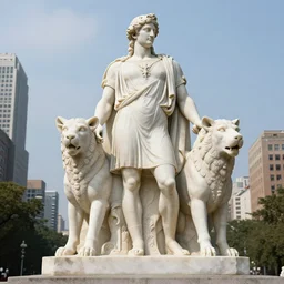 long shot photo of a soapstone Art Deco statue of ancient greek religion god Hades wearing a tunic, long pants,Cerberus on his side,sculped by Paul Landowski,Jean Dupas, Tamara de Lempicka, Reginald Marsh, Rockwell Kent, and Diego Rivera,long shot,wide shot,low angle,Sigma 85 mm,very detailed,unreal-engine,city in the background