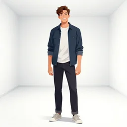 aesthetic digital illustration of a handsome grinning young man standing in an empty white room by brian bolland, rachel birkett, alex ross, and neal adams | sinister, dangerous, character concept, concept art, unreal engine, finalrender, centered, deviantart, artgerm