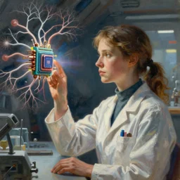 beautiful detailed sci - fi painting of a female neuroscientist trying to understand a microprocessor and neural networks, jean giraud