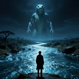 wanderer, eerie, greek fantasy panorama, a magnificent lizard ghost giant above the magic shining river styx, at night, otherworldly, ghost giant above the horizon, stanley kubrick, 1 7 mm, wide shot, surreal, deep
