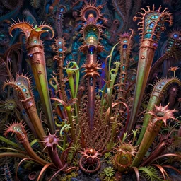 carnivorous plants, by fiona staples and dustin nguyen, peter elson, alan bean, wangechi mutu, metallic colors, fractals, deepdream, oxidized copper, led light, highly detailed and intricate, psychedelic, sharp focus,