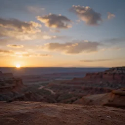 panorama view of utah in sunset at ground level. len blur background bokeh. art by artgerm and filip hodas. clouds by rhads.