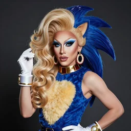 a studio photograph of a drag queen dressed like Sonic the Hedgehog