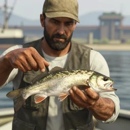 30-year old bearded fisherman caught fish, GTA V character, detailed, closeup