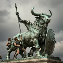 jason and his argonauts sail by a gigantic bronze statue of a minotaur, bull man hybrid being holding a spear and shield, atmospheric, mythological