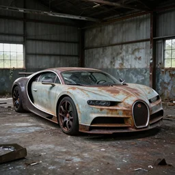 an abandoned, derelict, ( really rusty ) bugatti chiron in a dirty warehouse