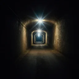 a dark tunnel with a light at the end, a photo by bedwyr williams, trending on unsplash, light and space, anamorphic lens flare, flickering light, dark