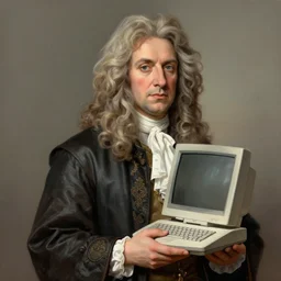 portrait of isaac newton holding a 1 9 8 5's computer case, artwork by gaston bussiere, craig mullins, trending on artstation