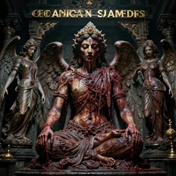 temple made of flesh, blood temple, angel statues, 8 0's horror movie film still, highly detailed, award - winning photography, 1 2 0 mm