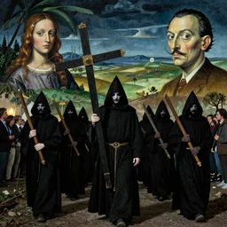 A Holy Week procession of grim reapers in a lush Spanish landscape at night. A hooded figure at the front holds a cross. El Greco, Remedios Varo, Salvador Dalí, Zdzisław Beksiński. Technicolor.