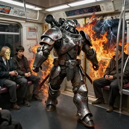 runs away from men on the subway, gothic and futuristic, warhammer, cyber japan armor, more scars, fire storm, thunderstorm, the middle ages, highly detailed, artstation, moebius, jugendstil and classic japanese print, art rene magritte and jean delville