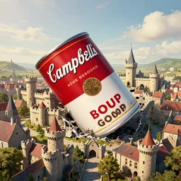 A GIANT HUGE campbell soup can crashed right in the middle of a Medieval city, Soup can crashed into a castle rendered by Beeple, environment concept, digital art, unreal engine, 3 point perspective, trending on artstation, low level, 4K UHD image, octane render,