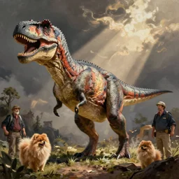 concept art painting of a tyrannosaurus pomeranian, by james gurney and greg rutkowski