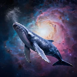 a beautiful huge humpback whale blowing stardust while swimming through a colorful nebula in space