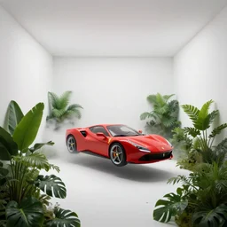 a photo of a white closed room and a futuristic flying red car inside by stuz 0 r and ferrari surrounded by lush green philodendron xanadu vegetation and fog, inside a closed white room with white walls, art by artgerm and james jean and stuz 0 r and alphonse mucha, masterpiece