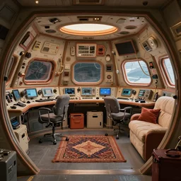 cozy spaceship engine room. interior set design photograph. 1 9 8 9