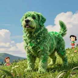 hyperrealist, graphic novel illustration of a bulky green alien labrador retriever with shaggy green fur with green dye in deep grass on a hill, pulp 7 0's sci - fi vibes, 9 0's hannah barbara fantasy animation, cinematic, movie still, studio ghibli masterpiece