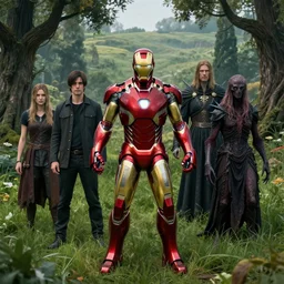 portrait of marvels ironman ( surrounded by grass ) ( ( ( ( ( trees ) ) ) ) ) by hr giger, greg rutkowski, luis royo and wayne barlowe as a diablo, resident evil, dark souls, bloodborne monster, courtroom, elden ring creature : : in a garden, grassy field, large field in the background