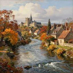 a river running through a medieval village, autumn, beautiful colors, classic painting, award winning, highly detailed
