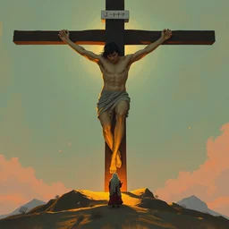 by dean ellis beautiful graphic full body portrait by petros afshar, a kneeling at the cross, 1 9 7 0 s illustrated advertising art, painterly character design by petros afshar, quint buchholz, cuno amiet, will barnet, hsiao - ron cheng