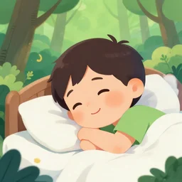 a beautiful illustration of a little cute boy on his bed dreaming about a beautiful green forest, detailed face, beautiful colors, digital art