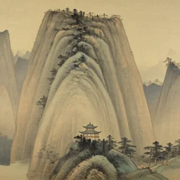 a beautiful painting of a huge mountain, with a chinese pavilion on the of steep cliff, night, starry sky, high details, by xun ren and qi baishi, trending on artstation