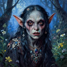 a handsome but sinister and creepy goblin in layers of fear, with haunted eyes, violence in her eyes, 1 9 7 0 s, seventies, delicate embellishments, a little blood, woodland, blue dawn light shining on wildflowers, painterly, offset printing technique, by alexandre cabanel
