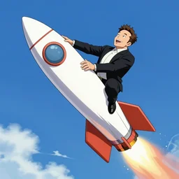 elon musk riding a rocket,in the style of anime