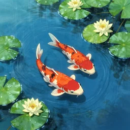 koi pond, blue water, koi swimming, water lilies, lily pads, rain drops, water ripples, overhead view, studio ghibli style