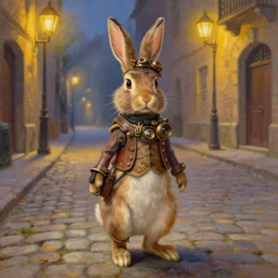 a beautiful painting of a steampunk rabbit standing his back legs on a street paved with cobblestones and warm streetlights, by Thomas Kinkade