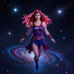 a beautiful Scarlett witch, floating in space, neon, stars, galaxy, HDR, dreamscape, dramatic lighting, fantasy art illustration, trending on artstation, Aetherpunk