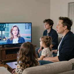 elon musk family in style of paolo roversi watching tv, britt marling style 3 / 4, 8 k, sharp focus, soft light, volumetric lighting, highly detailed realistic, refined, artstation