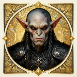 head-on symmetrical centered painted portrait, Warcraft goblin rogue, black leather armour, art nouveau, tarot card style, fantasy, intricate, elegant, highly detailed, smooth, sharp focus, illustration, artstation, in the style of Artgerm and Anna Podedworna and Alex Ross and Mucha