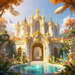 entrance of a fabulous marble and gold castle in the sun, surrounded with mystical gardens, magic clear water, luxurious airships, birds for scale, autumn, james gurney, unreal engine, artstation