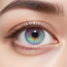 a high detailed close up photo of a woman eye with three pupils of rainbow colors