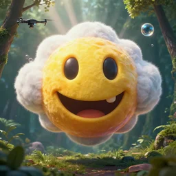 fantastical vibrant bulbous weird smiley face emoji shaped blobby cloud with holes for eyes and mouth, in a nature scene, cybernetic symbiosis, high definition, rays of light breaking behind the emoji, drone camera lens orbs, 3 point lighting, highly detailed larval stage globule, natural color scheme, photo still from movie by denis villeneuve