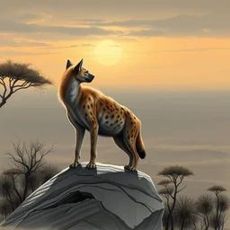 concept art of an hyena standing on a rock looking out the horizon of the savana, realism, drawing