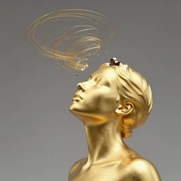 a golden woman 2/3 figurative portrait, in space, head breaking apart and spiraling geometry into the sky upwards into another dimension, lazer light beaming down to top of her head, by james jean,   artgerm,  featured in artstation, elegant, Moebius, Greg rutkowski, anime